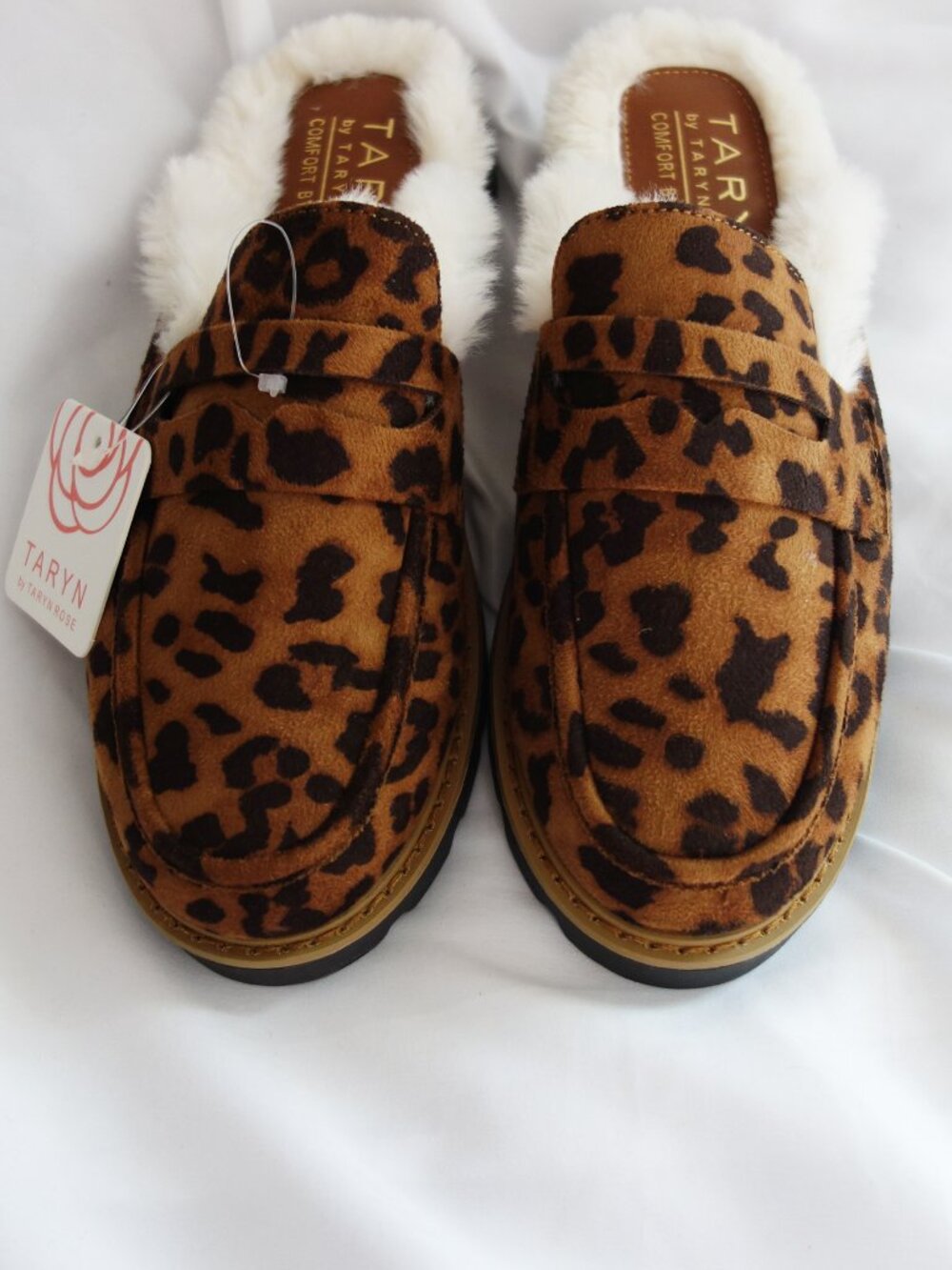 Taryn Rose Dora Brown Leopard Mules with Fur Lining 7.5 NWT!